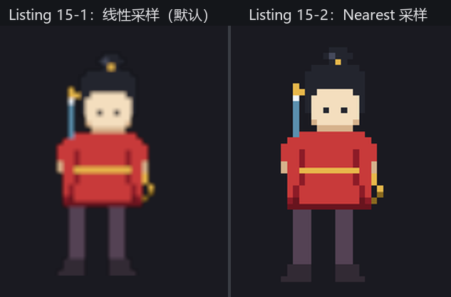 左：线性采样下的阿燕，整张画边缘发虚像隔了层毛玻璃；右：Nearest 采样下的同一张画，每个像素方方正正