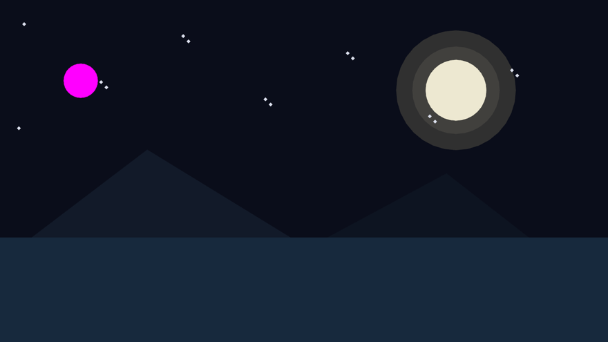 夜空场景：右上满月带光晕，远山江面星斗俱全；左上角一块刺眼的洋红圆盘，它右边本该有伴月盘的位置空无一物