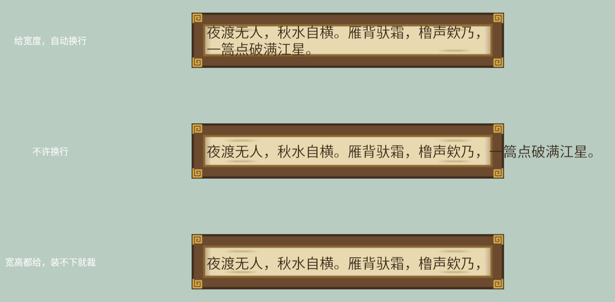 三只字幕框:第一只词换成两行装下;第二只一行长词从框右侧伸出去,出框部分落在浅青灰背景上清晰可见;第三只只有一行,后半句被裁掉了