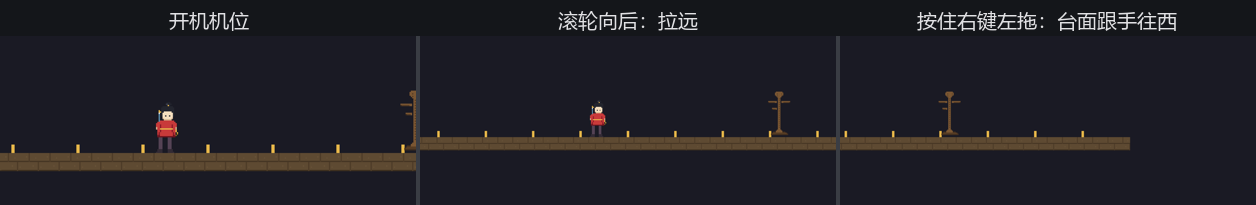 三幅并排截图：开机机位只见阿燕与半截木桩；滚轮拉远后金桩变密、全台入画；按住右键左拖后台面西移，露出台子东头